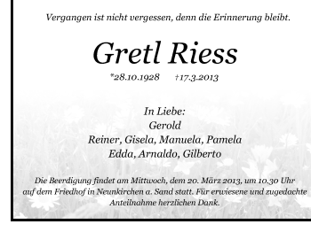 Traueranzeige von Gretl Riess von Pegnitz-Zeitung